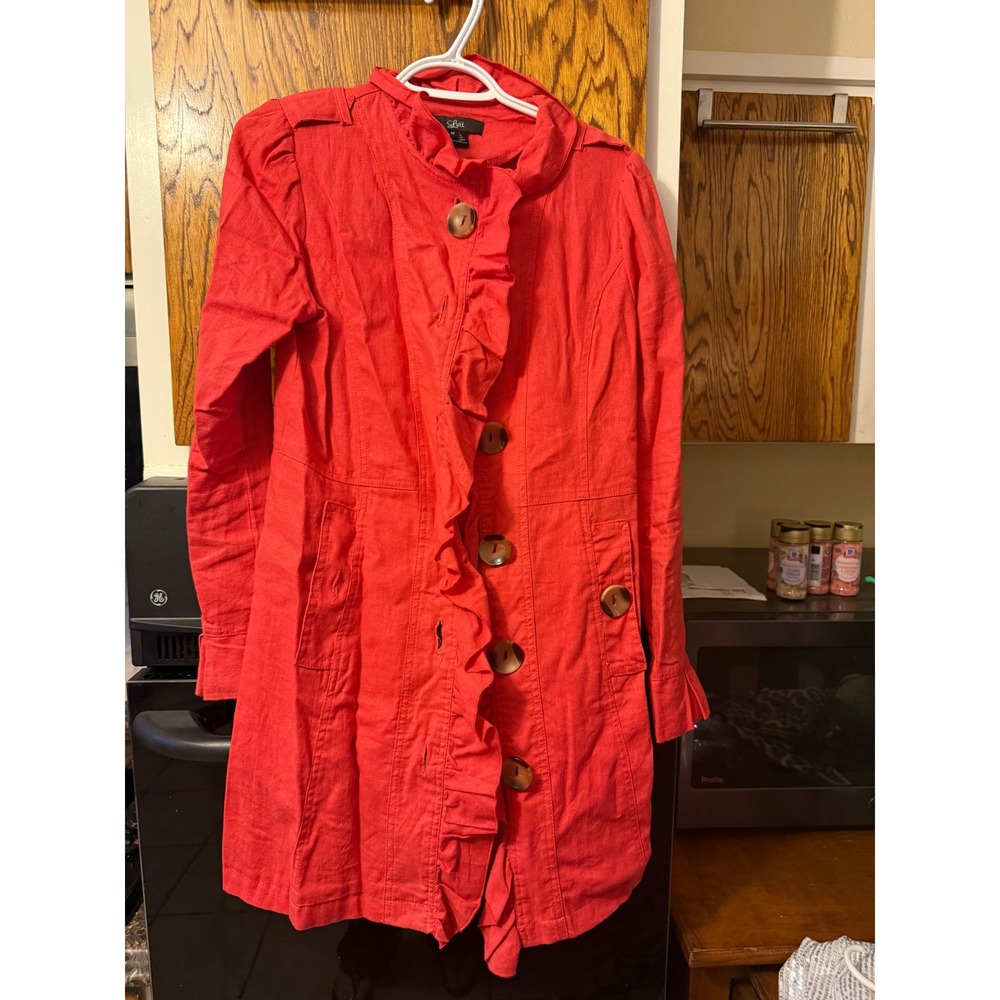 Luii Red Ruffle Front Button Up Linen Blend Trench‎ Coat Women's M